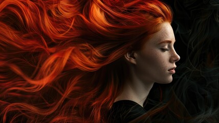 Redhead with flowing hair in dark ambiance - Dramatic portrait of a redhead with intensely flowing hair contrasting with a dark background for an enigmatic look