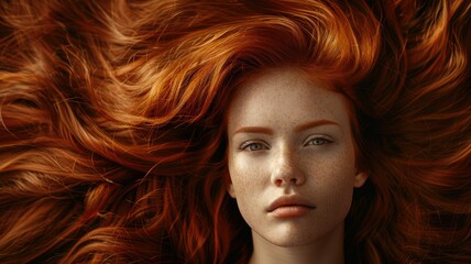 Redheaded model with hair spread out - Redheaded woman with pale freckled skin and her hair spread out, emphasizing color and texture