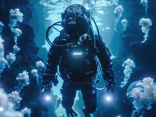 Scuba diver surrounded by jellyfish at night - A scuba diver explores the depths of the ocean, illuminated only by surrounding jellyfish and his own lights in this captivating scene