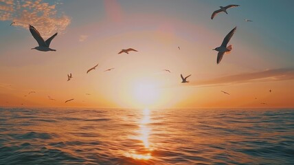 Seagulls flying at a vivid sunset over sea - A flock of seagulls soar through the sky above the sea as the sun sets, painting the scene with warm, radiant colors