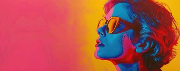 Vivid color portrait of woman with cool shades - A colorful portrait with high-fashion vibes captures a woman in sunglasses with a dynamic neon background