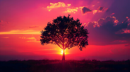 A solitary tree silhouetted against a vibrant sunset