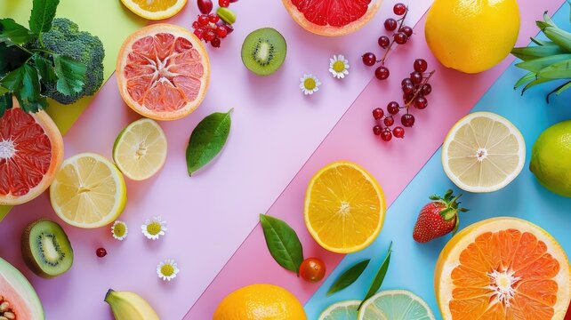 Vibrant flat lay of assorted citrus fruits - Bright, colorful flat lay displaying a variety of citrus fruits, symbolizing healthiness and freshness with a lively palette