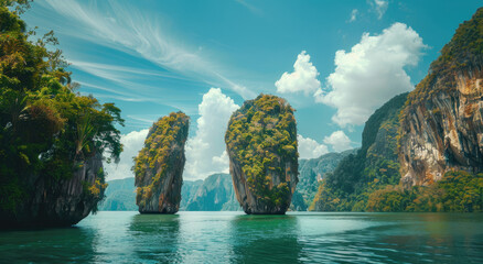 island in Phuket, Thailand with lush green mountains and turquoise water, showcasing the iconic rock formation on the thin islet between two islands - obrazy, fototapety, plakaty