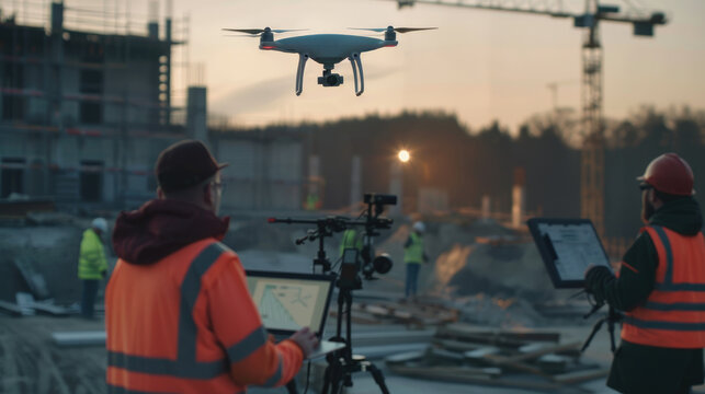 A drone was flying over an active construction site, capturing footage of workers in action and showcasing the technology's precision for architectural design videos