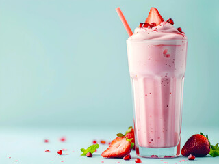 Strawberry Milkshake in the tall glass decorated with strawberry on blue background. - 765619130