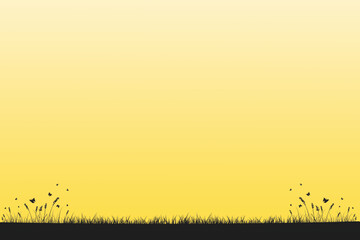 ?imen ve kelebekler Serene meadow silhouette with fluttering butterflies on a golden backdrop. Vector illustrationsar? arkaplan.eps