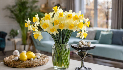 ein großer Blumenstrauß aus gelben Osterglocken in einer Vase, steht auf dem Tisch
