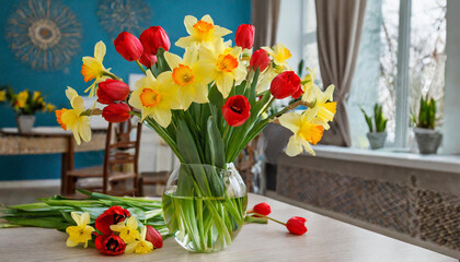 Firefly ein großer Blumenstrauß aus gelben Osterglocken und roten Tulpen in einer Vase, steht auf...