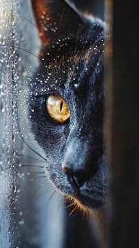 Cats curious eyes peering through a frosted glass window