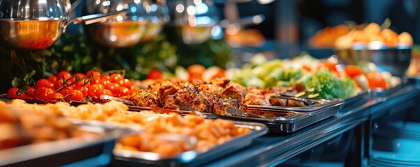 Buffet food in restaurant with grilled vegetable and meat