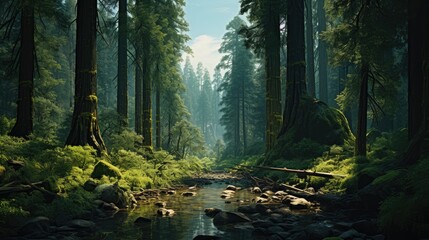 Beautiful landscape with river and trees in forest - obrazy, fototapety, plakaty