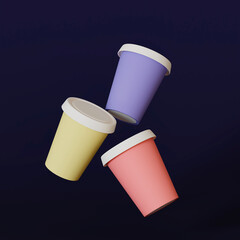 multicolored paper cup take-away, blue background, 3d render
