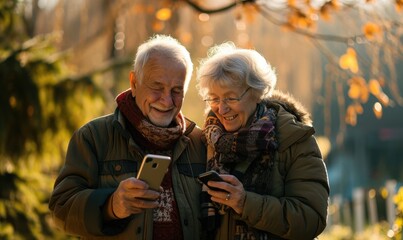 Old seniors couple holding a smartphone and smile. banner.