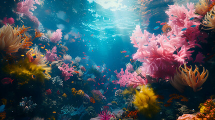 A surreal underwater scene with vibrant coral reefs
