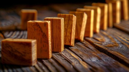 Wooden handmade blocks and effect of dominoes. Risk management concept. Successful strong business...