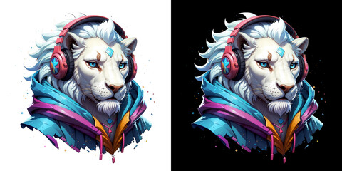White Lion wearing Headphones mascot T-shirt design for DTF stickers clipart. - obrazy, fototapety, plakaty