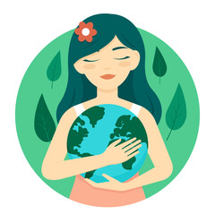 The girl hugs the planet Earth, protecting it. Vector illustration
