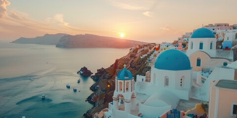 Beautiful sunset view of Santorini, Greece with white buildings and blue domes overlooking the sea - Powered by Adobe