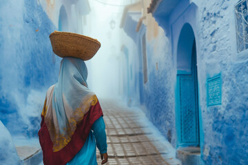 A Moroccan woman in typical Moroccan dress, caring bread basket on her head and walking down the blue-white streets in Chefchaouen - the blue city Morocco - amazing palette of blue and white buildings - Powered by Adobe