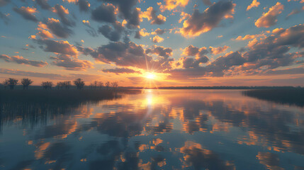 A tranquil lake reflecting a cloud-streaked sunset