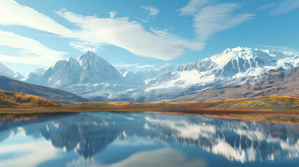 A tranquil lake reflecting a snow-capped mountain range