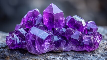  A sharp focus of amethyst clusters atop a rock, against a clearer backdrop of nearby stones