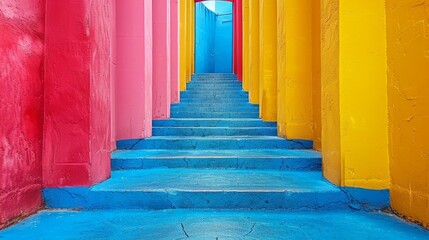  A stairway with blue and yellow steps leading to a red and yellow building with painted walls in the same colors