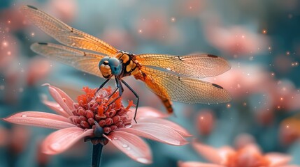   a dragonfly perched atop a pink flower