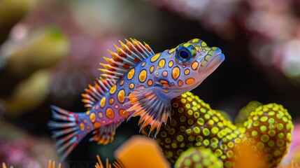  A photo of a vividly colored blue-yellow fish, surrounded by various coral structures in the background