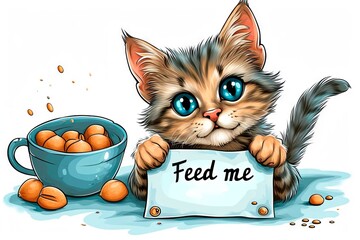Cute hungry kitty with big eyes holding a sign that says FEED ME. Concept of pet care, animal feeding, funny cats, and humorous pet expressions. Isolated on white background. Digital art