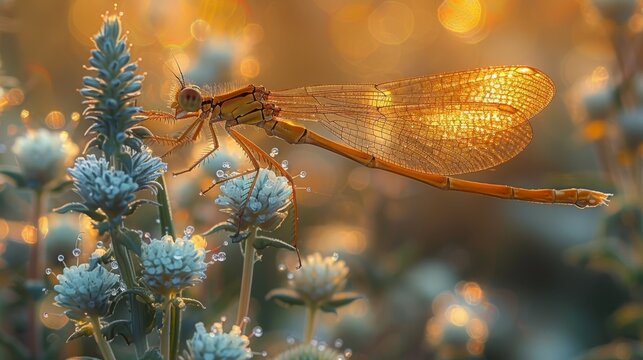  A photo shows a dragonfly on a plant with blue flowers The background is out of focus