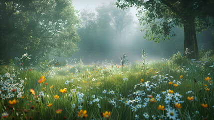 Fototapeta premium A tranquil meadow with wildflowers swaying in the breeze