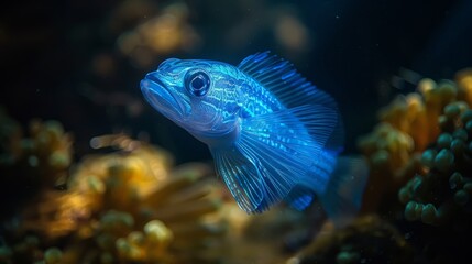  Blue fish close-up in aquarium with corals in foreground and water background