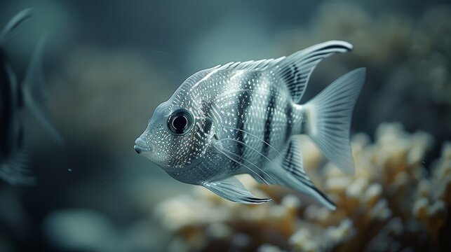  A high-resolution image of a black and white fish swimming in a crystal-clear aquarium, surrounded by vibrant coral The foreground showcases a close-up of the