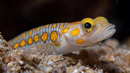  Close-up shot of a yellow-gray fish with orange spots on its body against a black background