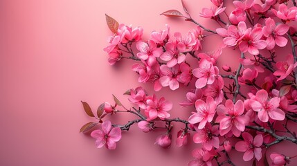  A pink flower branch with green foliage against a pink backdrop, featuring a spot for text on the left side
