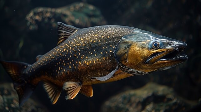  A close-up photo of a fish swimming in a rocky water background