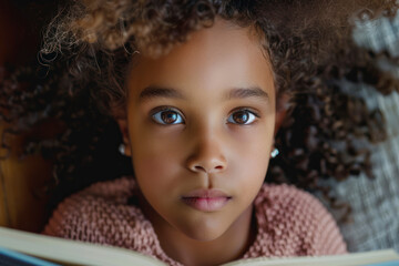 World book day for a pretty mixed race girl reader. - obrazy, fototapety, plakaty