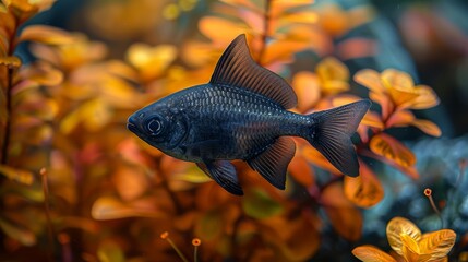  A clear photo of a close-up fish in water with green background plants and vivid orange flowers in front
