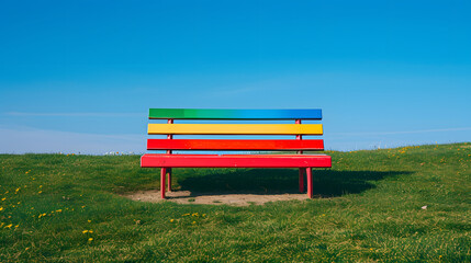 An outdoor setting with a simple bench that has been painted colorful.