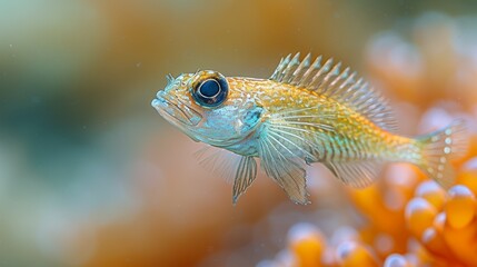  Blue and yellow fish on orange sea anemone