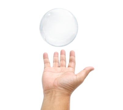 Some people try to catch the bubbles with their hands trying to catch the floating bubbles., transparent background