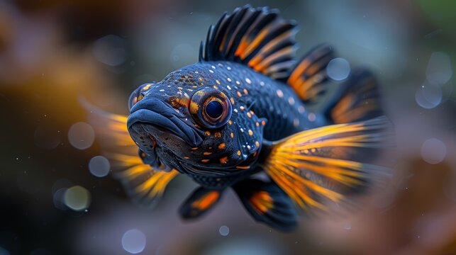  A clear photo of an orange and black fish with spotted face, set against a focused background