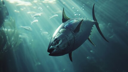 Underwater shot of a tuna, with a background story of a nun dedicated to marine life conservation, soft, natural light - obrazy, fototapety, plakaty