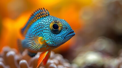  A macro shot of a multicolored fish on a vibrant coral amidst other coral reefs and turquoise water