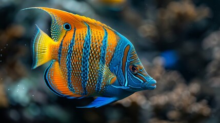  A blue-yellow fish in focus, surrounded by corals and water in an aquarium