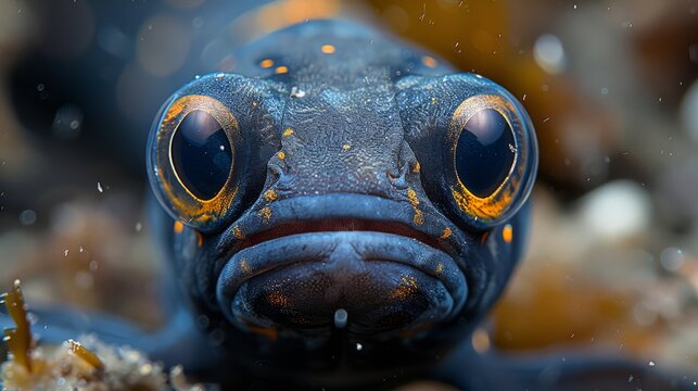 A macroscopic photograph of a fish's visage exhibiting numerous water droplets glistening on the lower eyelids