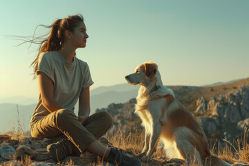 woman and dog sit on the mountainside and look into the distance - obrazy, fototapety, plakaty