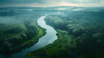 A tranquil river winding through lush green countryside